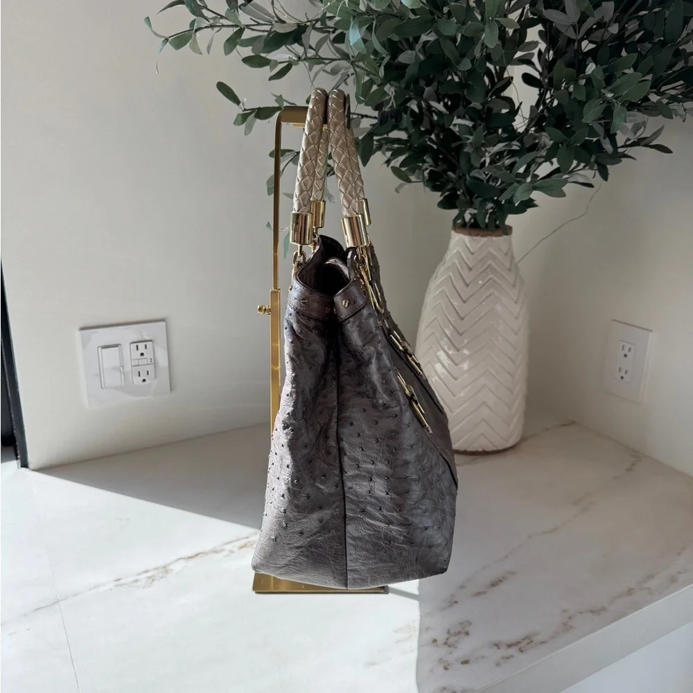 Versace Ostrich Handbag - Silver Grey with Champagne Hardware - Picture 9 of 17